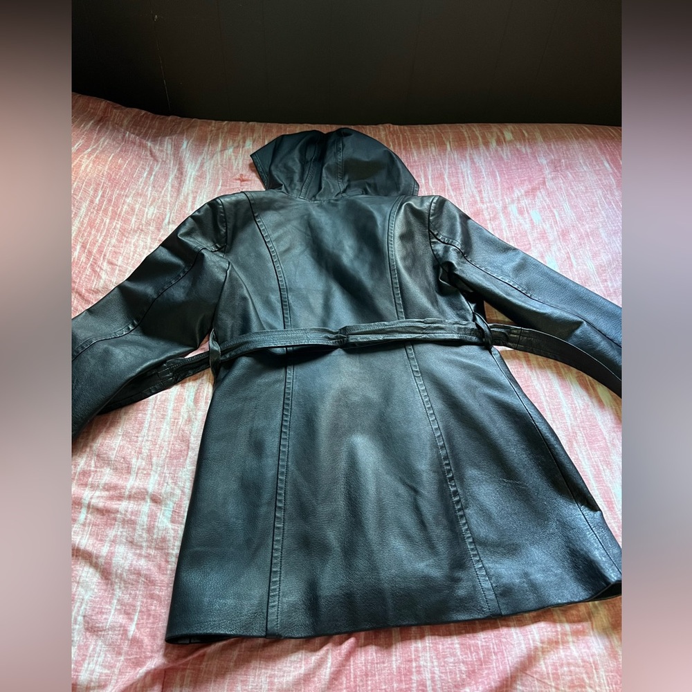 BAGATELLE Vintage Black Leather Hooded Trench Coat sz M - Picture 13 of 16
